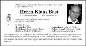 Traueranzeige Klaus Bast
