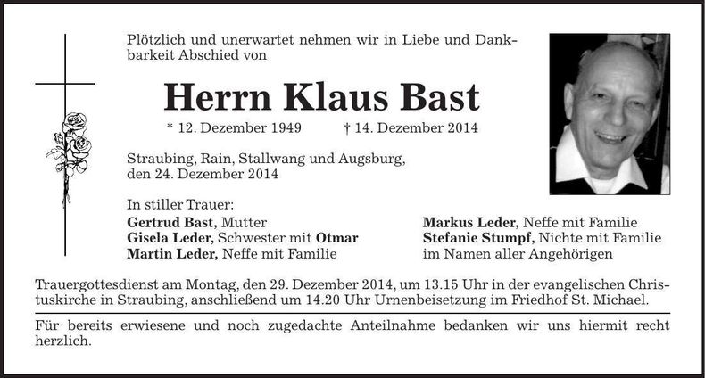 Traueranzeige Klaus Bast