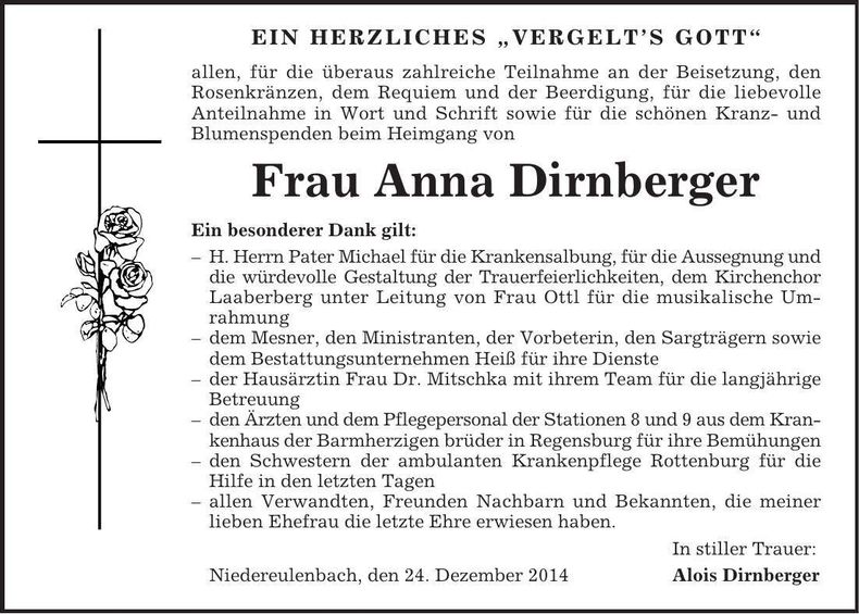 Traueranzeige Anna Dirnberger