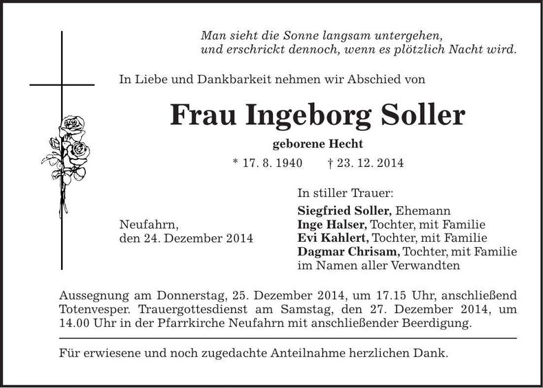 Traueranzeige Ingeborg Soller