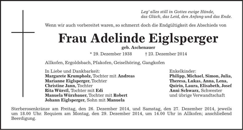 Traueranzeige Adelinde Eiglsberger