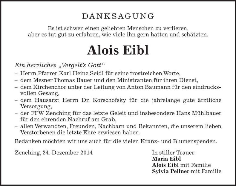 Traueranzeige Alois Eibl