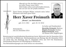 Traueranzeige Xaver Freimuth