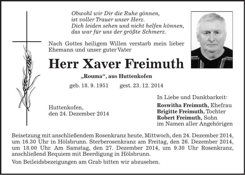 Traueranzeige Xaver Freimuth