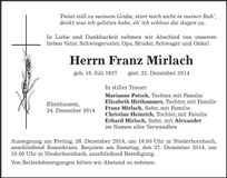 Traueranzeige Franz Mirlach