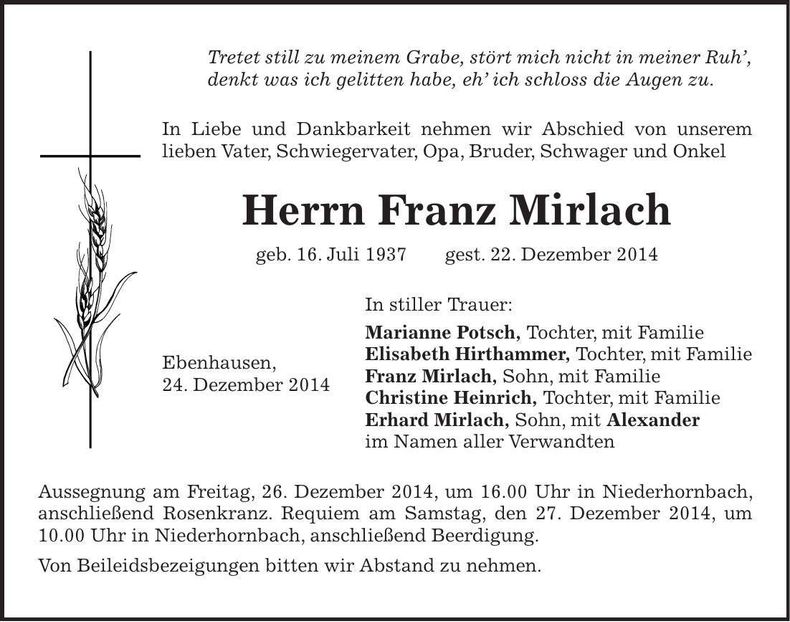 Traueranzeige Franz Mirlach