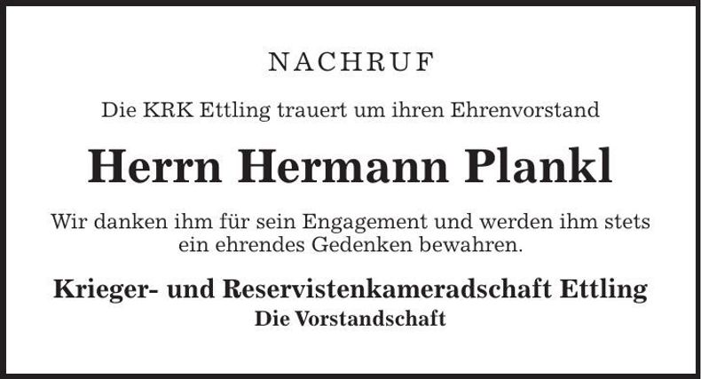 Traueranzeige Hermann Plankl