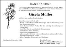 Traueranzeige Gisela Müller