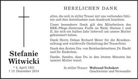 Traueranzeige Stefanie Witwicki