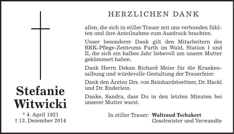 Traueranzeige Stefanie Witwicki