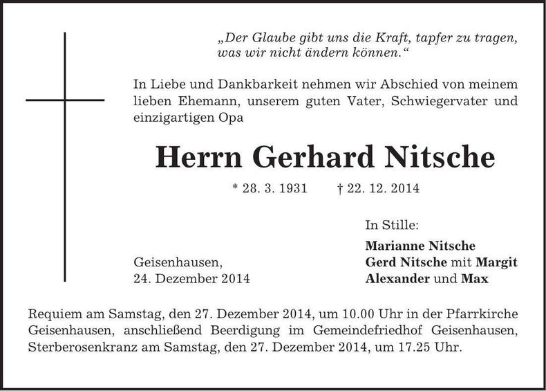 Traueranzeige Gerhard Nitsche