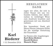 Traueranzeige Karl Biederer