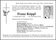 Traueranzeige Franz Köppl