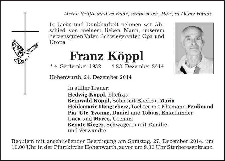 Traueranzeige Franz Köppl