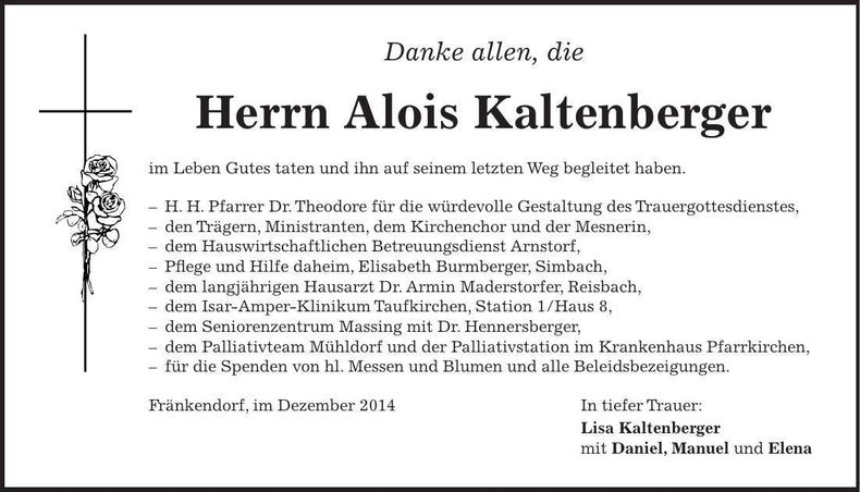 Traueranzeige Alois Kaltenberger