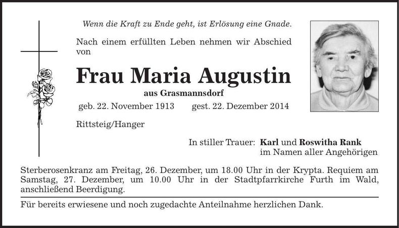 Traueranzeige Maria Augustin
