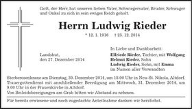 Traueranzeige Ludwig Rieder
