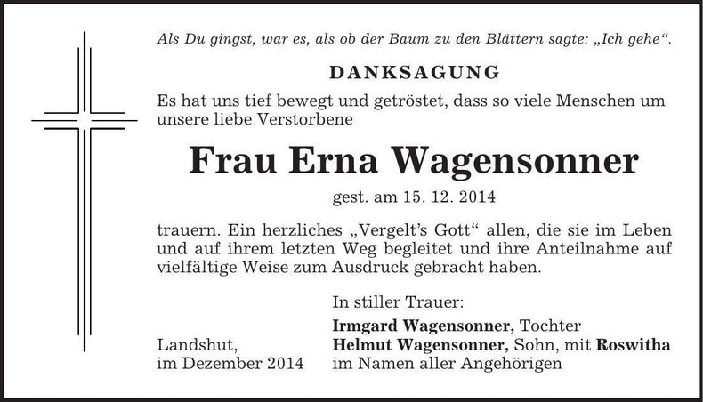 Traueranzeige Erna Wagensonner