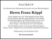 Traueranzeige Franz Köppl