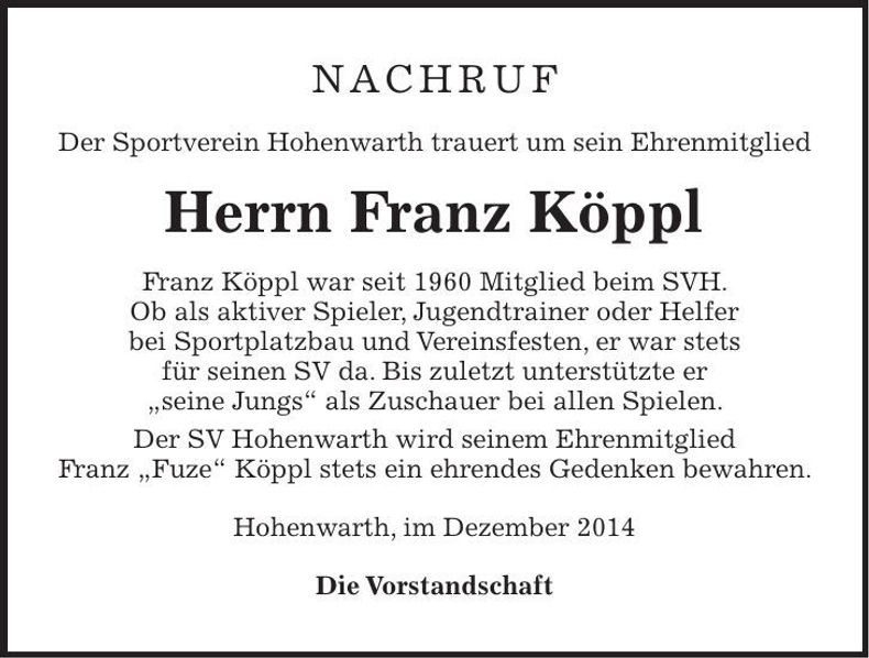 Traueranzeige Franz Köppl