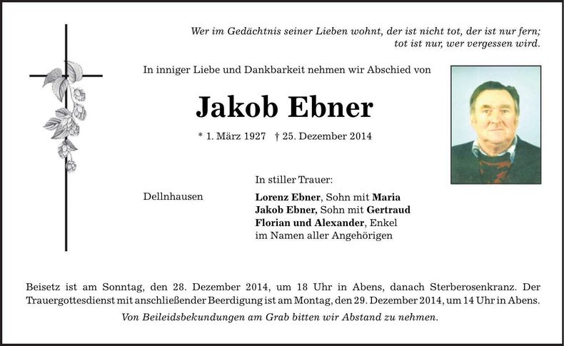 Traueranzeige Jakob Ebner