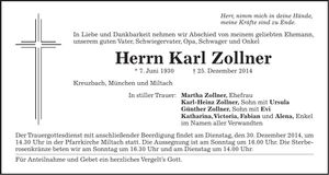 Traueranzeige Karl Zollner