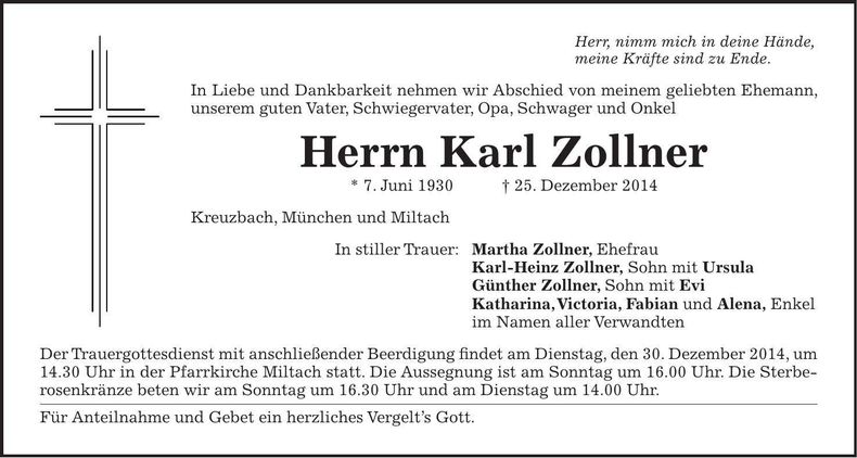 Traueranzeige Karl Zollner