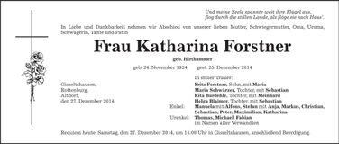 Traueranzeige Katharina Forstner