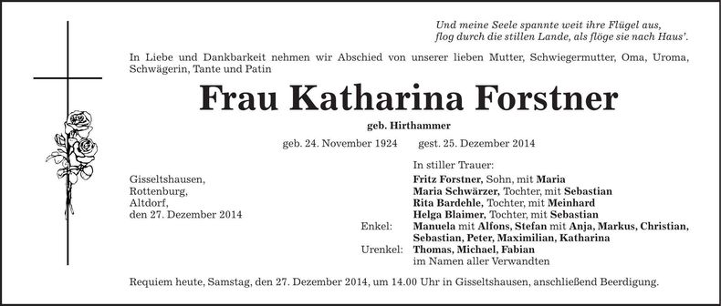 Traueranzeige Katharina Forstner