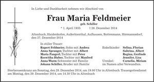 Traueranzeige Maria Feldmeier