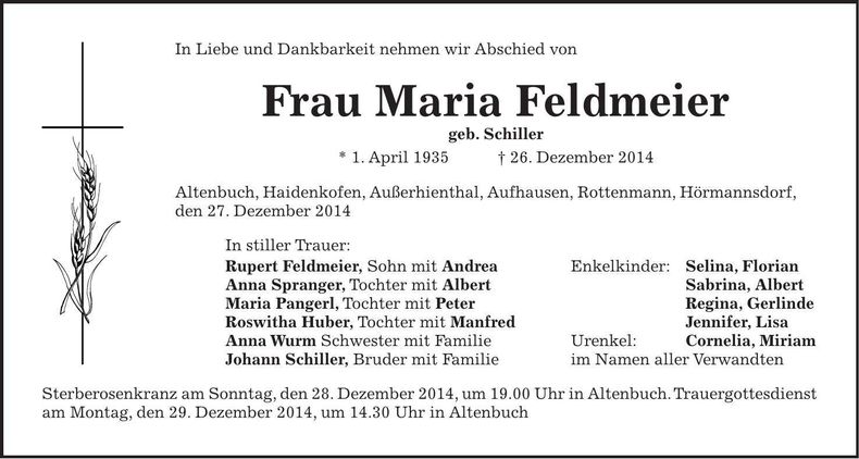 Traueranzeige Maria Feldmeier