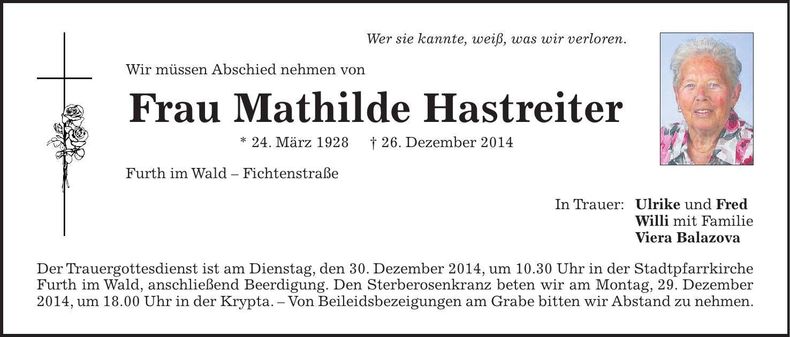 Traueranzeige Mathilde Hastreiter