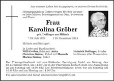 Traueranzeige Karolina Gröber