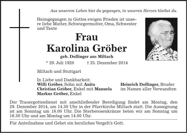 Traueranzeige Karolina Gröber
