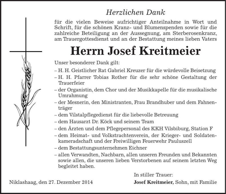 Traueranzeige Josef Kreitmeier