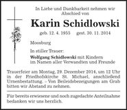 Traueranzeige Karin Schidlowski