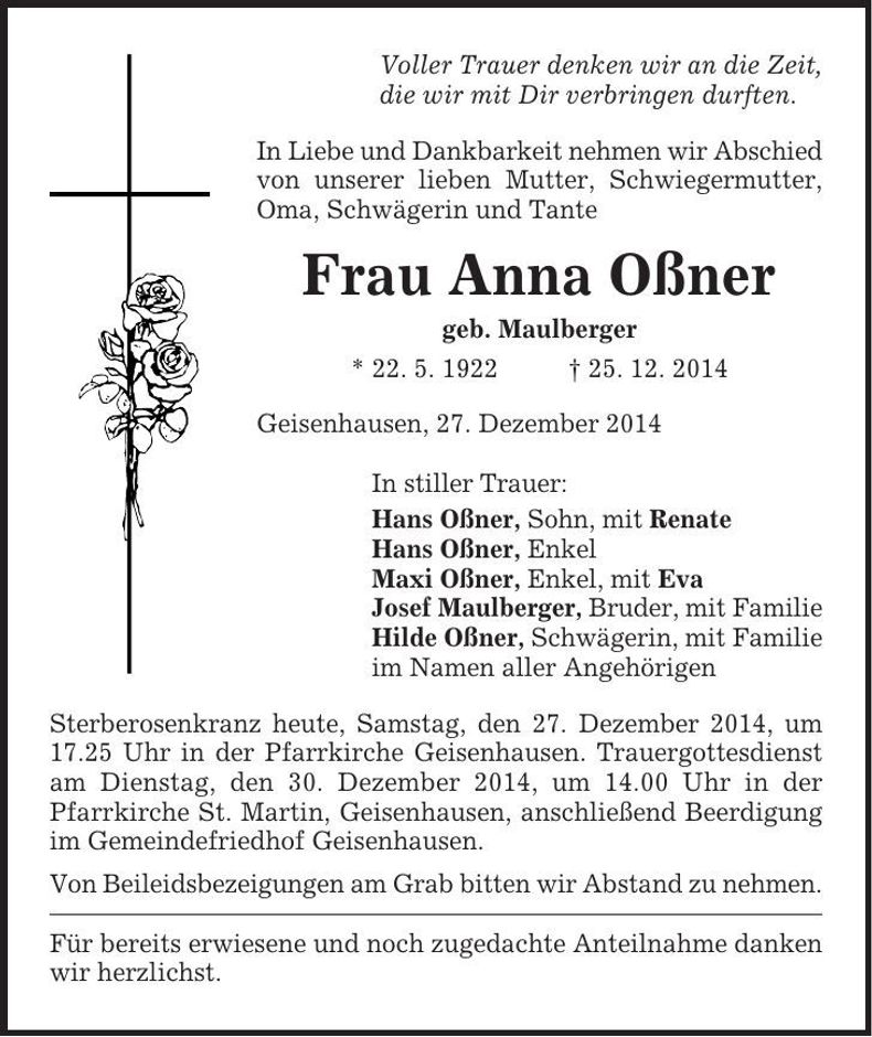 Traueranzeige Anna Oßner