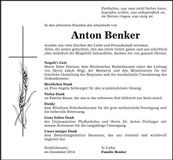Traueranzeige Anton Benker