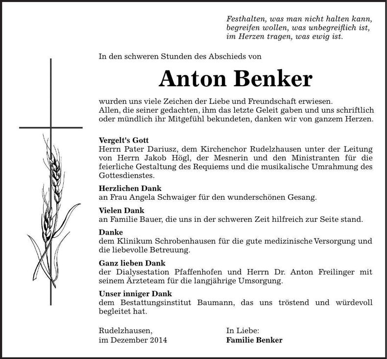 Traueranzeige Anton Benker
