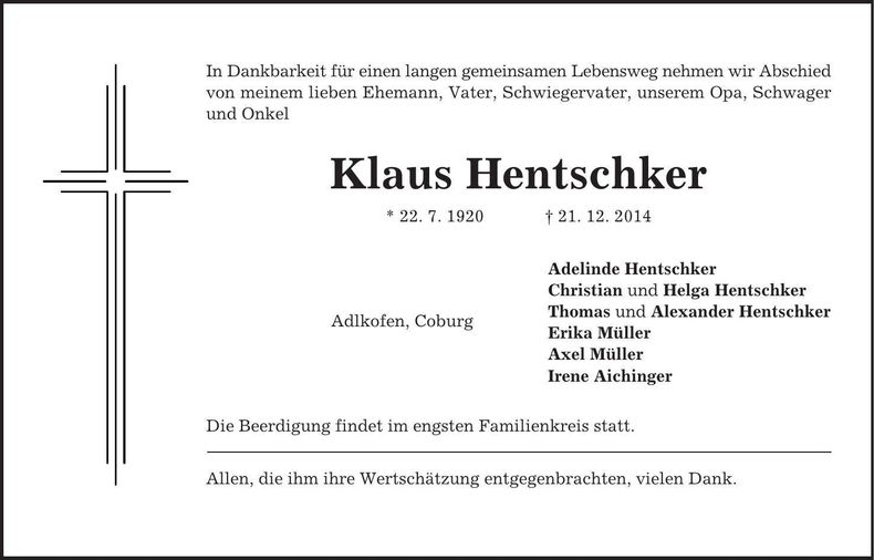 Traueranzeige Klaus Hentschker