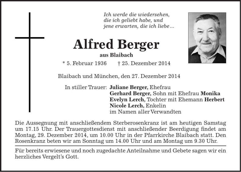 Traueranzeige Alfred Berger