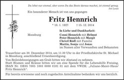 Traueranzeige Fritz Hennrich