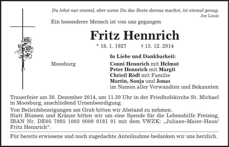 Traueranzeige Fritz Hennrich