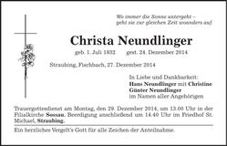 Traueranzeige Christa Neundlinger