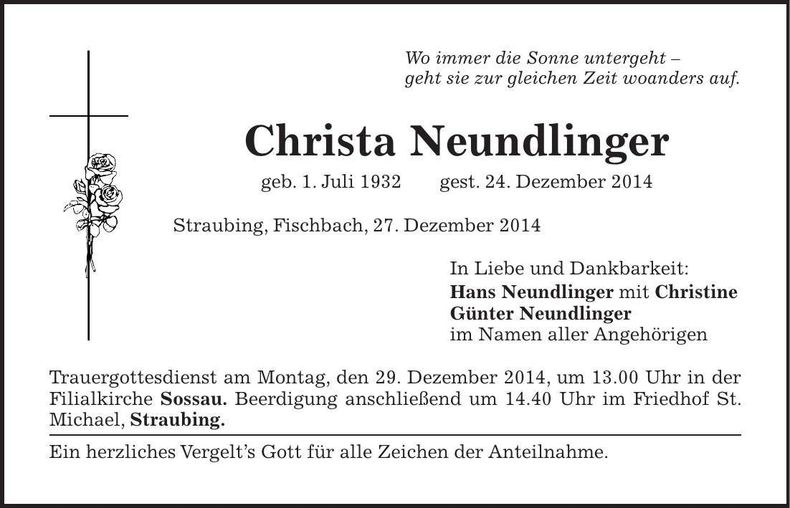 Traueranzeige Christa Neundlinger