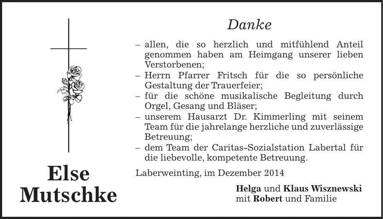 Traueranzeige Else Mutschke