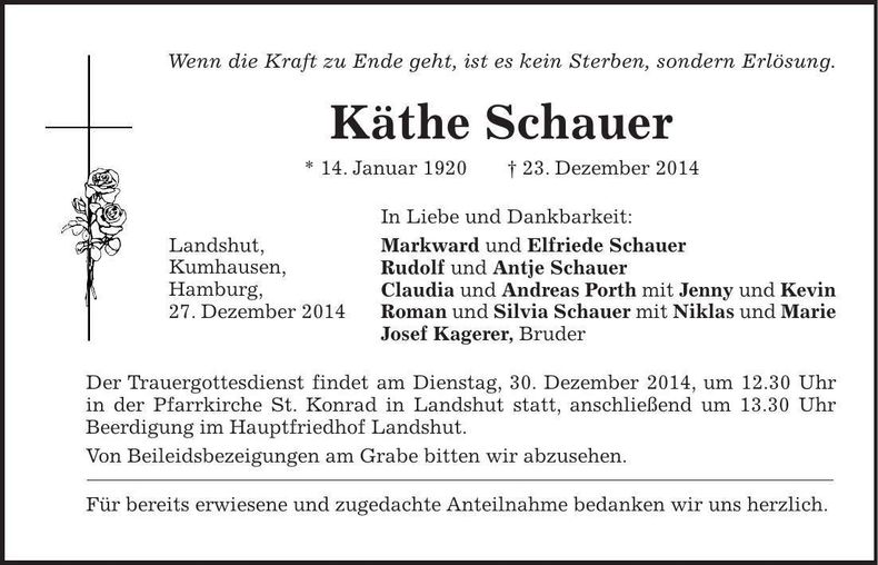Traueranzeige Käthe Schauer