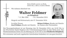 Traueranzeige Walter Feldmer