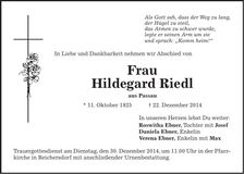Traueranzeige Hildegard Riedl