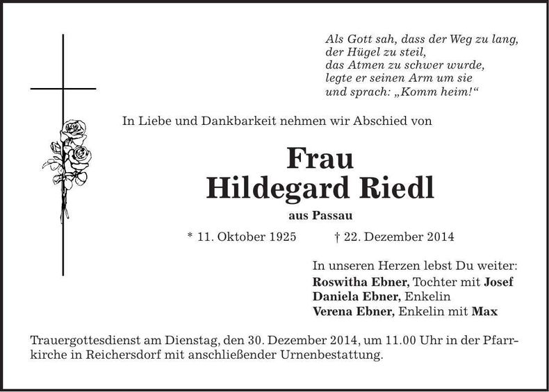 Traueranzeige Hildegard Riedl